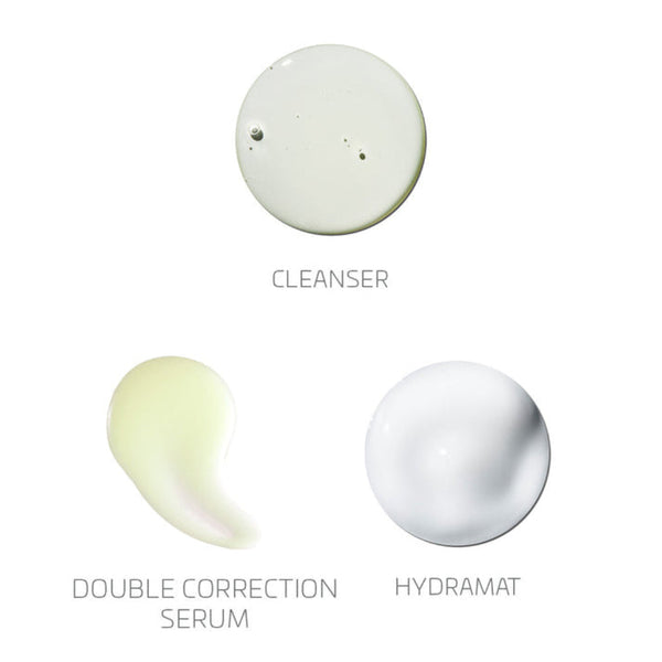 Three cosmetic product swatches labeled 'Cleanser', 'Double Correction Serum', and 'Hydramat' on a white background.
