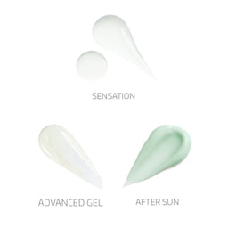 Three droplets of different colored gels labeled 'Sensation', 'Advanced Gel', and 'After Sun' on a white background.
