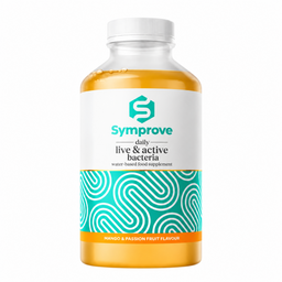 A bottle of Symprove daily live & active bacteria water-based food supplement in Mango & Passion Fruit flavour. The bottle is made of clear plastic showing the golden-yellow liquid inside, with a white cap and a white label featuring a teal and orange pattern.