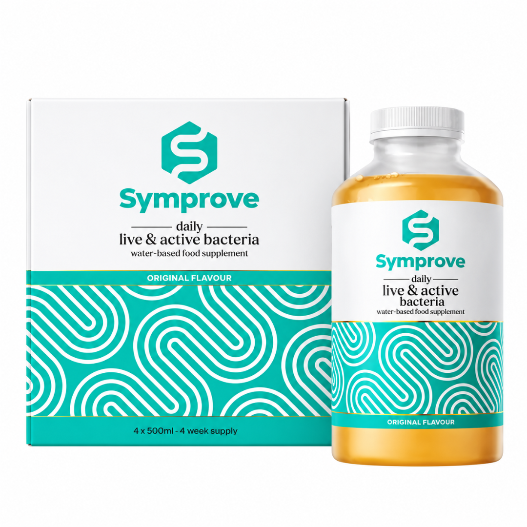 Symprove daily live & active bacteria water-based food supplement shown as a white and teal box alongside a clear bottle filled with golden-yellow powder, on a white background.