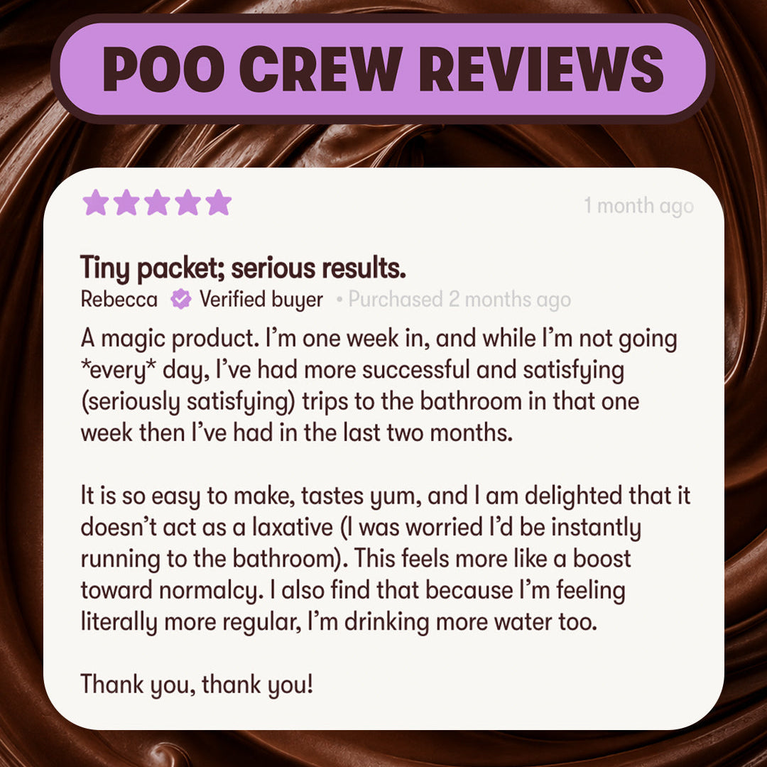 A product review card for 'Poo Crew Reviews' set against a dark brown chocolate swirl background. The card features a purple header with white text and a white body containing a five-star rating and a customer testimonial from 'Rebecca'.