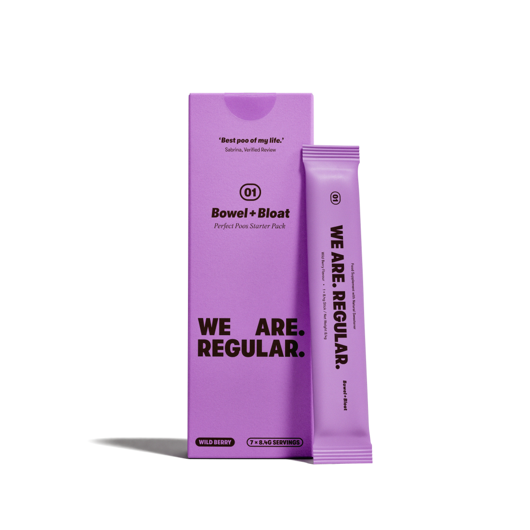A purple product box and a matching single-use stick pack for Bowel+Bloat, shown on a clean white background. The packaging features the brand name '01' and the slogan 'WE ARE.
