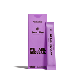 A purple product box and a matching single-use stick pack for Bowel+Bloat, shown on a clean white background. The packaging features the brand name '01' and the slogan 'WE ARE.