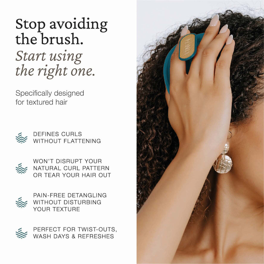 Promotional graphic for a hair product showing a woman with curly hair using a teal and gold hair tool, alongside marketing text about defining curls without flattening and protecting natural curl patterns.