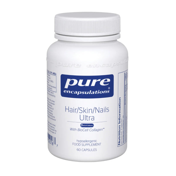 A white bottle of Pure Encapsulations Hair/Skin/Nails Ultra supplement with a blue and white label, on a white background.