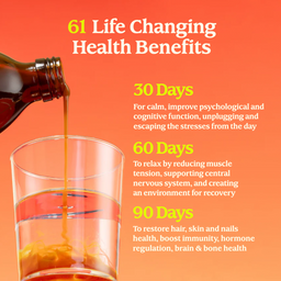 Bottle pouring liquid into a glass with health benefits text on an orange background