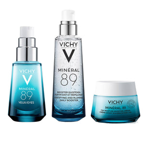 Vichy skincare products including eye serum, daily booster, and cream on a white background