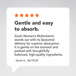 A white rounded speech-bubble style card on a light gray background with orange star icons and text reading 'Gentle and easy to absorb.' and a review quote attributed to Sarah K.