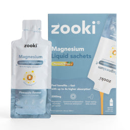 Zooki Magnesium liquid sachets with packaging on a white background