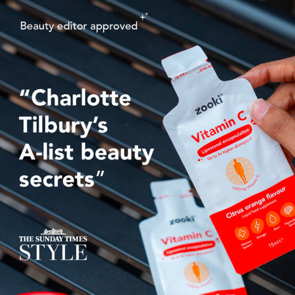 Zooki Vitamin C product with text about Charlotte Tilbury and The Sunday Times Style.
