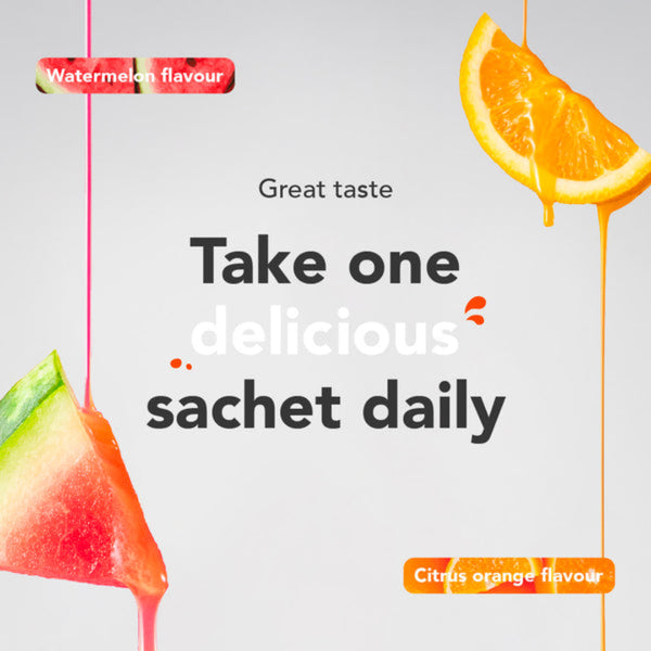 Promotional graphic for a sachet daily product with watermelon and citrus orange flavor illustrations, text reading 'Great taste Take one delicious sachet daily' on a light gray background.