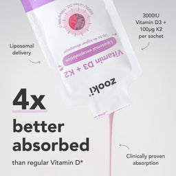 Zoki Vitamin D3 + K2 package with text highlighting features on a light gray background