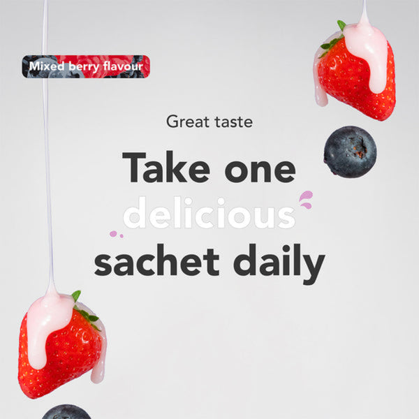 Promotional graphic for a daily sachet of mixed berry flavor. The design features illustrations of strawberries and blueberries with white drizzle, alongside text reading 'Mixed berry flavour', 'Great taste', and 'Take one delicious sachet daily' on a light gray background.