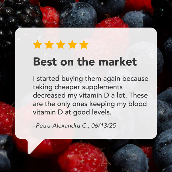 A five-star review card with the text 'Best on the market' and a customer testimonial, set over a close-up background of blackberries, blueberries, and raspberries.
