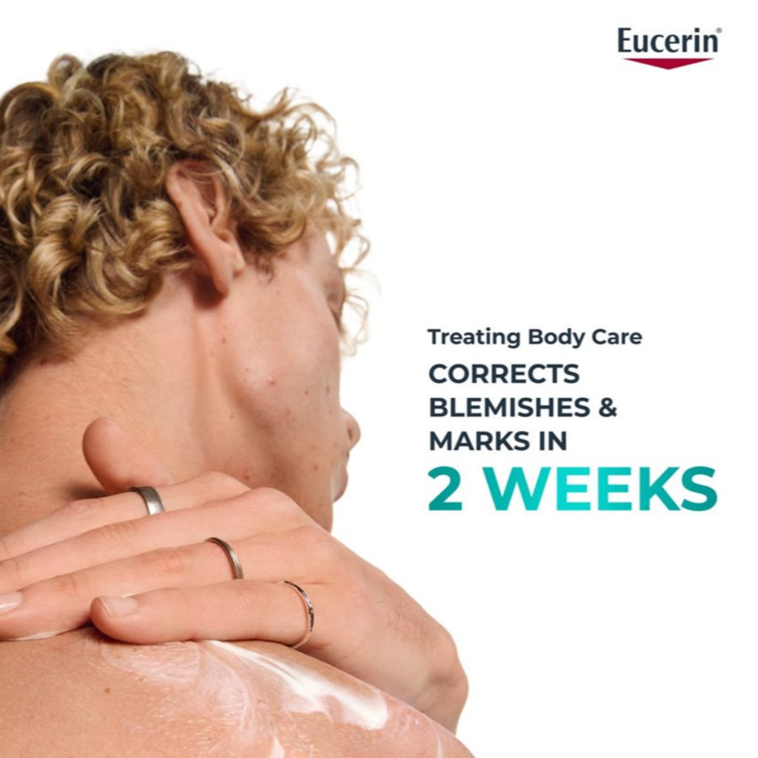 Person applying Eucerin body care product on their shoulder with text about treatment benefits.