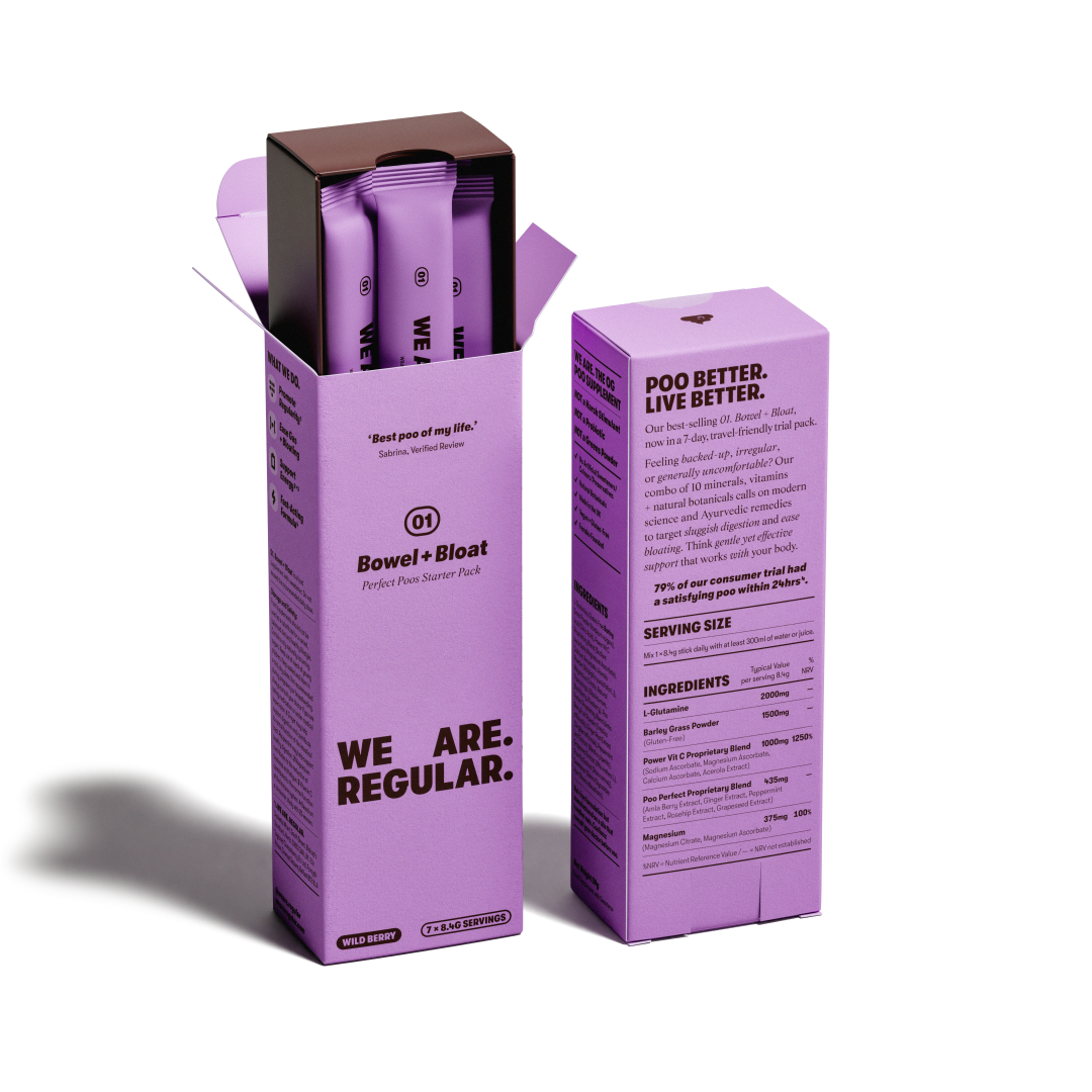 Purple and brown packaging for Bowef+Bloat dietary supplement, showing the front and back of the box on a white background.