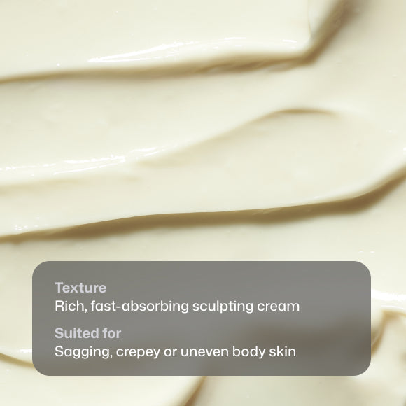 Cream-colored cosmetic texture close-up with a semi-transparent gray label reading 'Texture Rich, fast-absorbing sculpting cream Suited for Sagging, crepey or uneven body skin'.