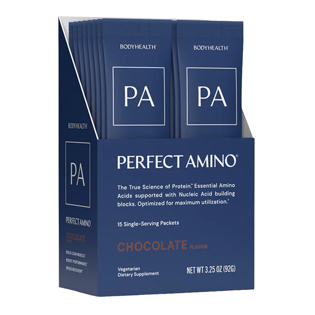 Box of Perfect Amino supplement packets with blue packaging on a white background