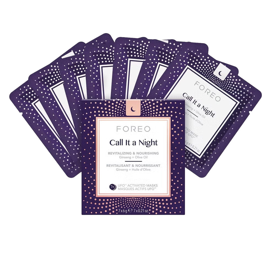 A set of FOREO Call It a Night activated facial masks fanned out behind the outer packaging on a clean white background.