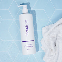 White Theraderm Cleansing Wash 480ml on blue background