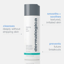 Dermalogica skin wash bottle with text highlighting product benefits on a white background
