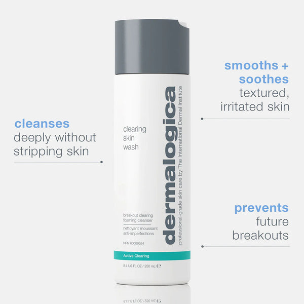 Dermalogica skin wash bottle with text highlighting product benefits on a white background