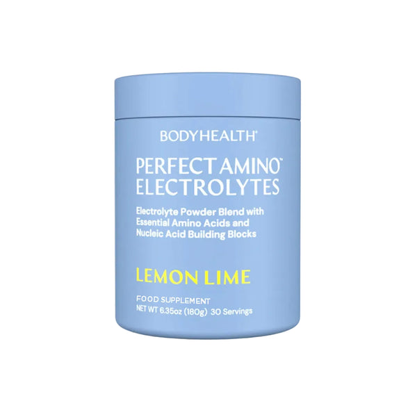 Blue container of BodyHealth Perfect Amino Electrolytes lemon lime flavor on a white background
