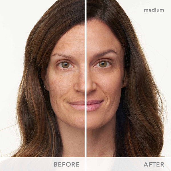 Before and after comparison of a woman's face with medium skin tone.