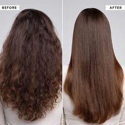 Before and after comparison of hair straightening treatment on a person with long, wavy hair.