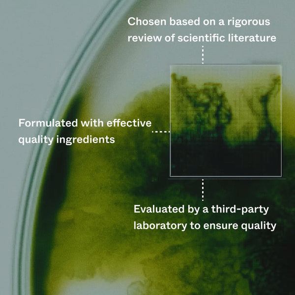 Microscopic view of green algae with text about scientific review and quality ingredients.
