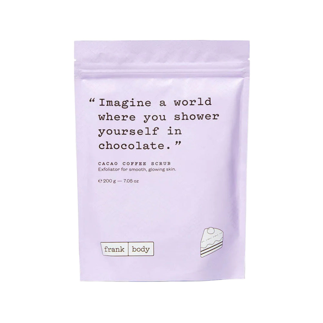 Purple packaging of Cacao Coffee Scrub with text and 'frank body' branding on a white background