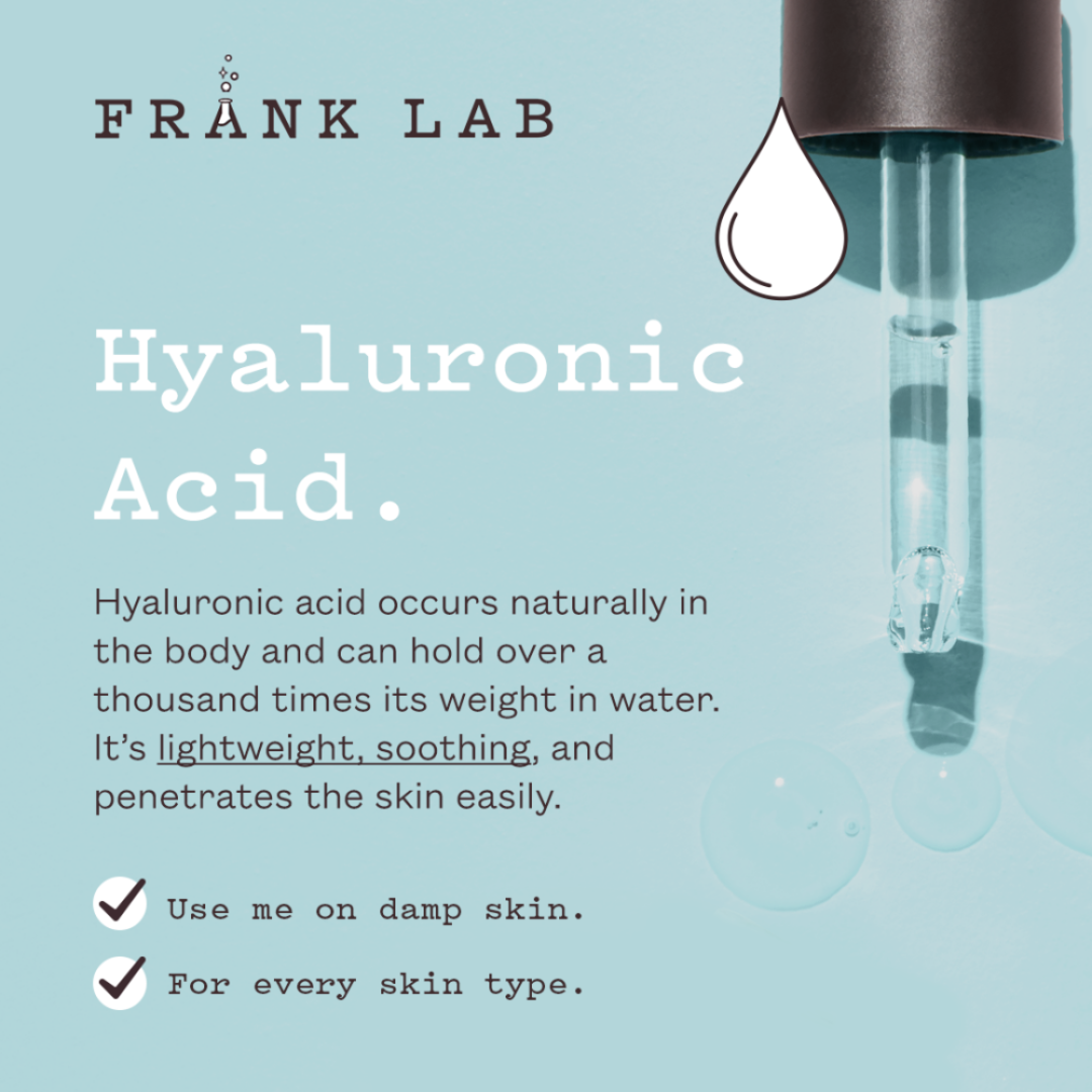 Frank Lab hyaluronic acid product with text on a light blue background