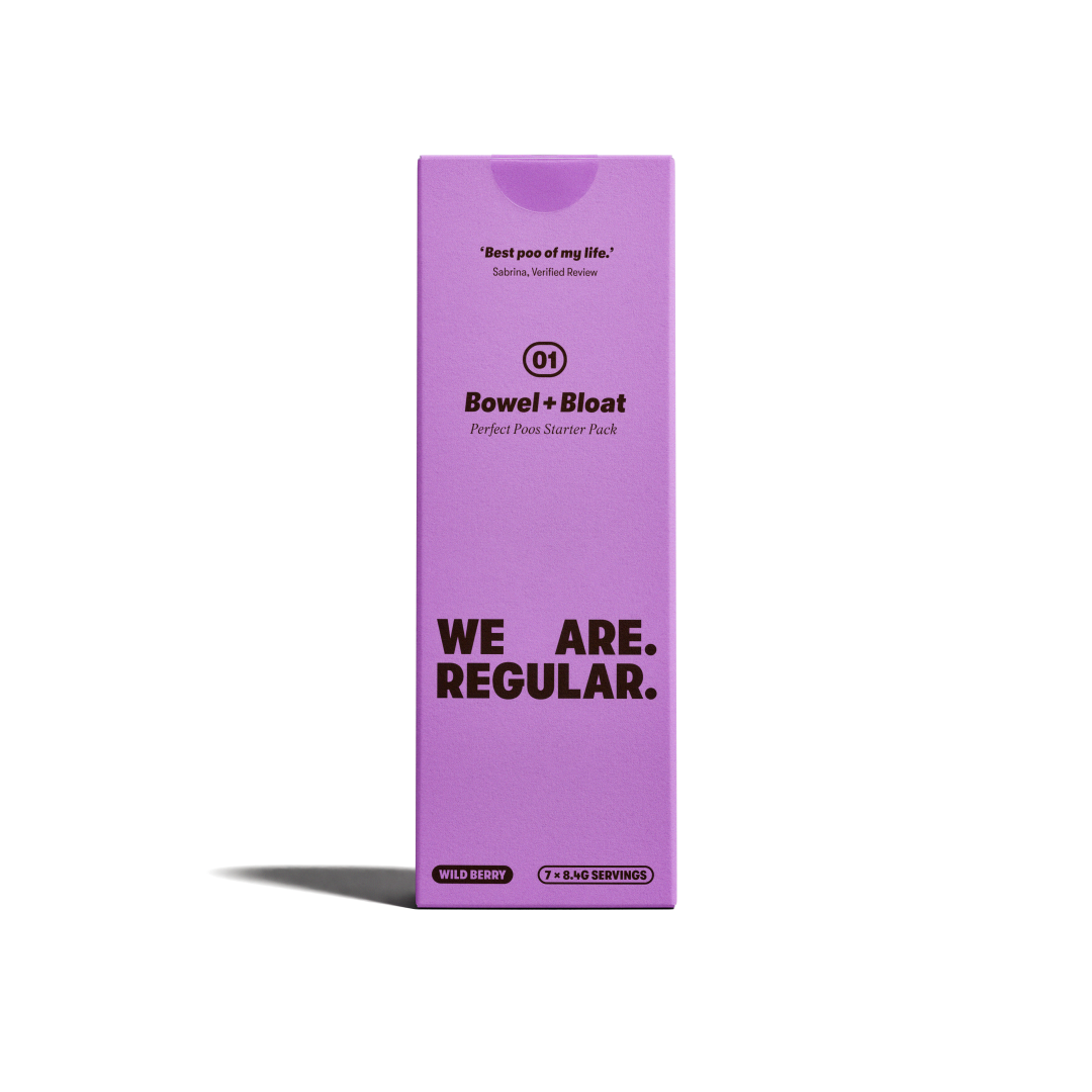 A tall rectangular purple box for Bowel + Bloat dietary supplement powder, standing upright on a white background with a soft shadow to the left.
