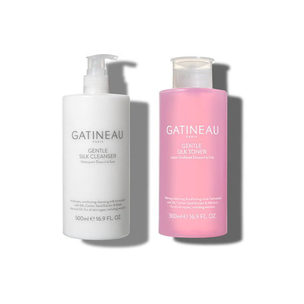 Two bottles of Gatineau skincare products on a white background