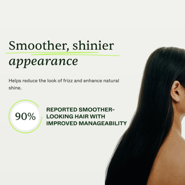 Advertisement for hair product showing a woman with smooth hair and text about hair appearance improvement.