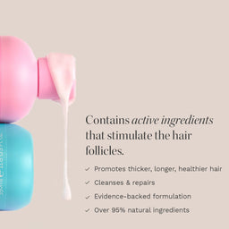 Pink and blue hair product with text about active ingredients and benefits on a beige background
