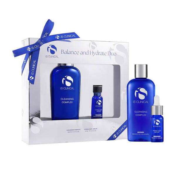 IS Clinical Balance and Hydrate Duo set with blue bottles and a white box on a white background