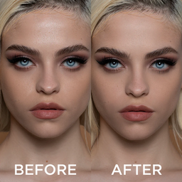 Before and after comparison of a woman's face with makeup application.