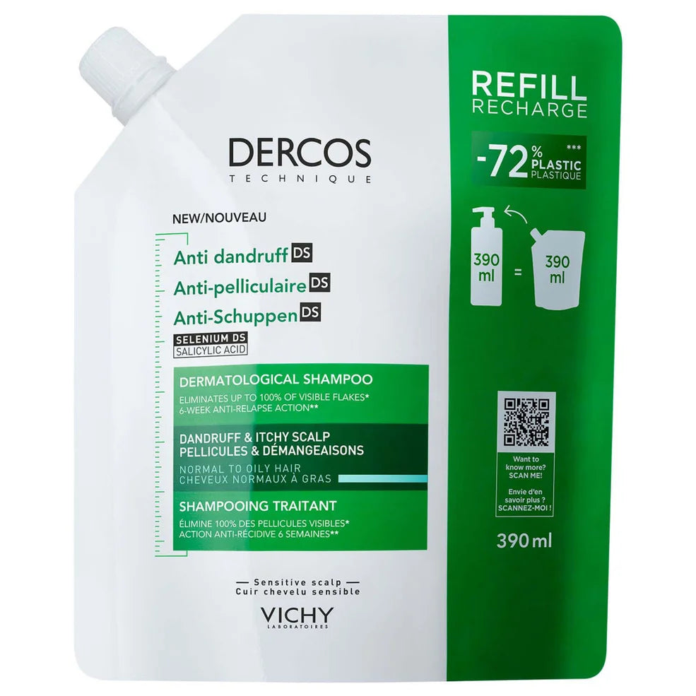 Vichy Dercos Anti-Dandruff Dermatological Shampoo for Normal to Oily Hair, 390ml Refill Pouch