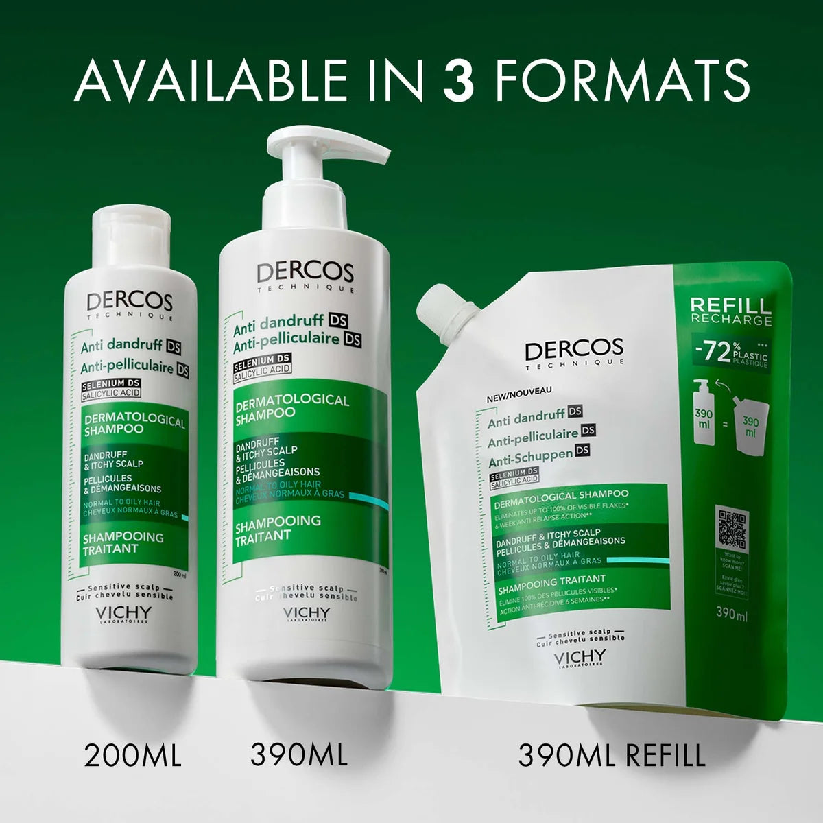 Vichy Dercos Anti-Dandruff Dermatological Shampoo for Normal to Oily Hair, 390ml Refill Pouch