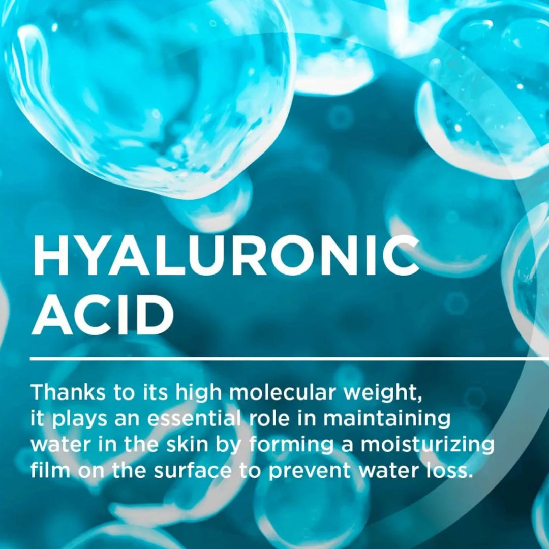 A square informational graphic with a blue and cyan background showing translucent droplet imagery and the text 'HYALURONIC ACID' and a paragraph explaining its moisturizing role in the skin.