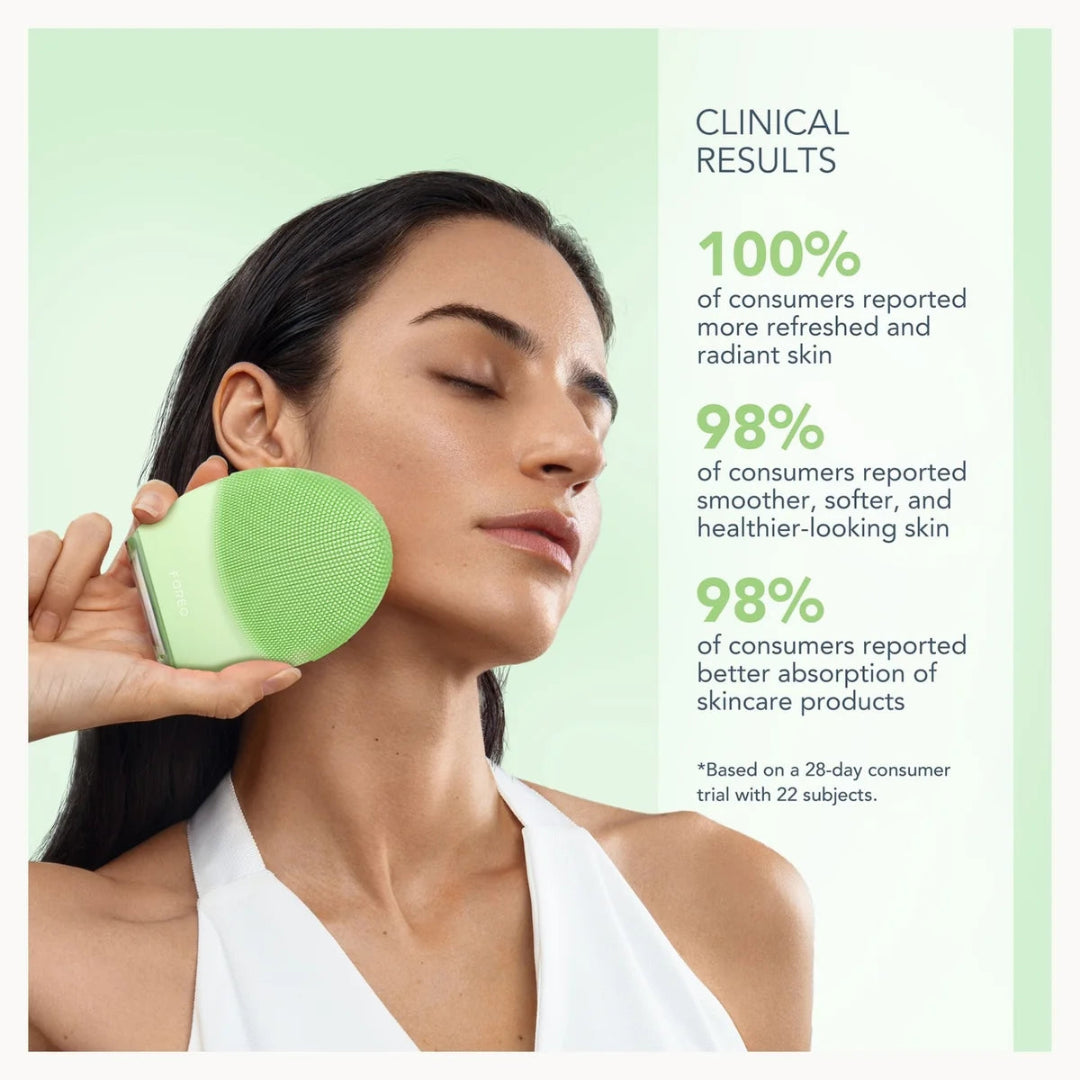 A woman with closed eyes holds a light green skincare cleansing device against her cheek. The left side shows a pale green background, while the right side contains clinical results text in black and green.