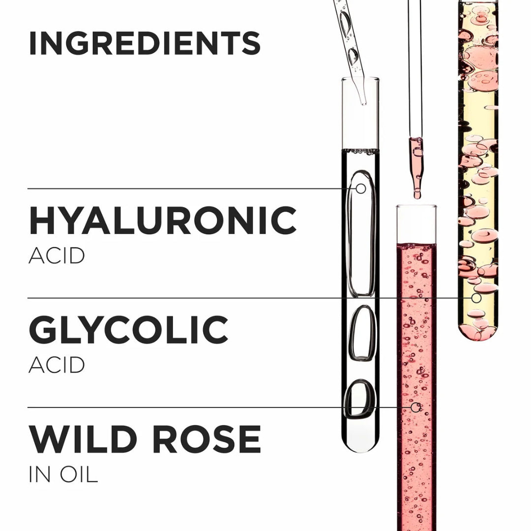 Illustration of skincare product ingredients with test tubes labeled 'Hyaluronic Acid', 'Glycolic Acid', and 'Wild Rose in Oil'.