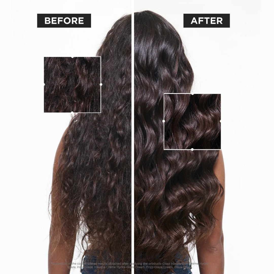 Before and after comparison of wavy hair extensions on a person.