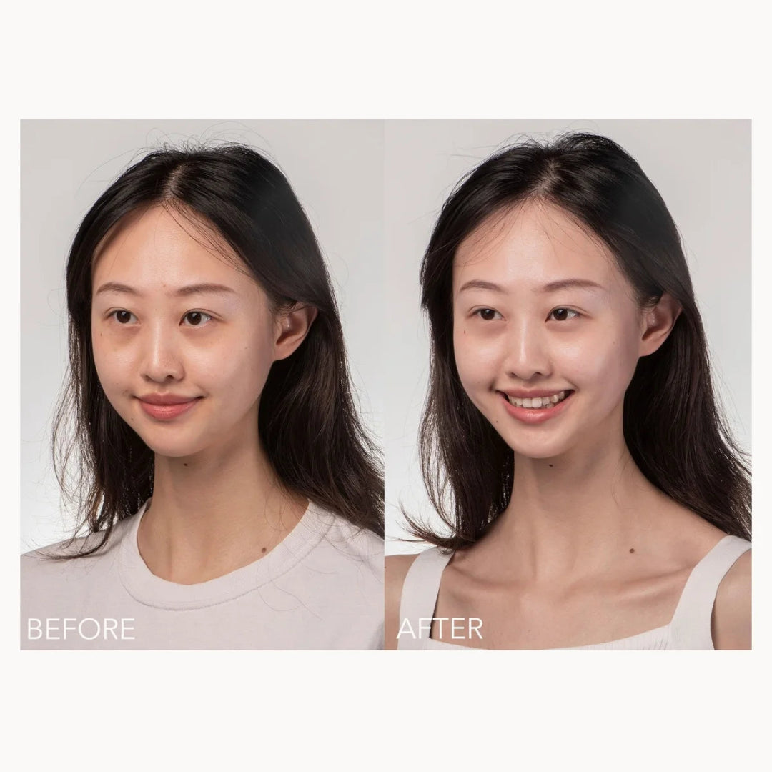 A side-by-side before and after comparison of a woman's face, showing a makeup or skincare result. The left side is labeled 'BEFORE' and shows a slightly darker, less bright complexion.