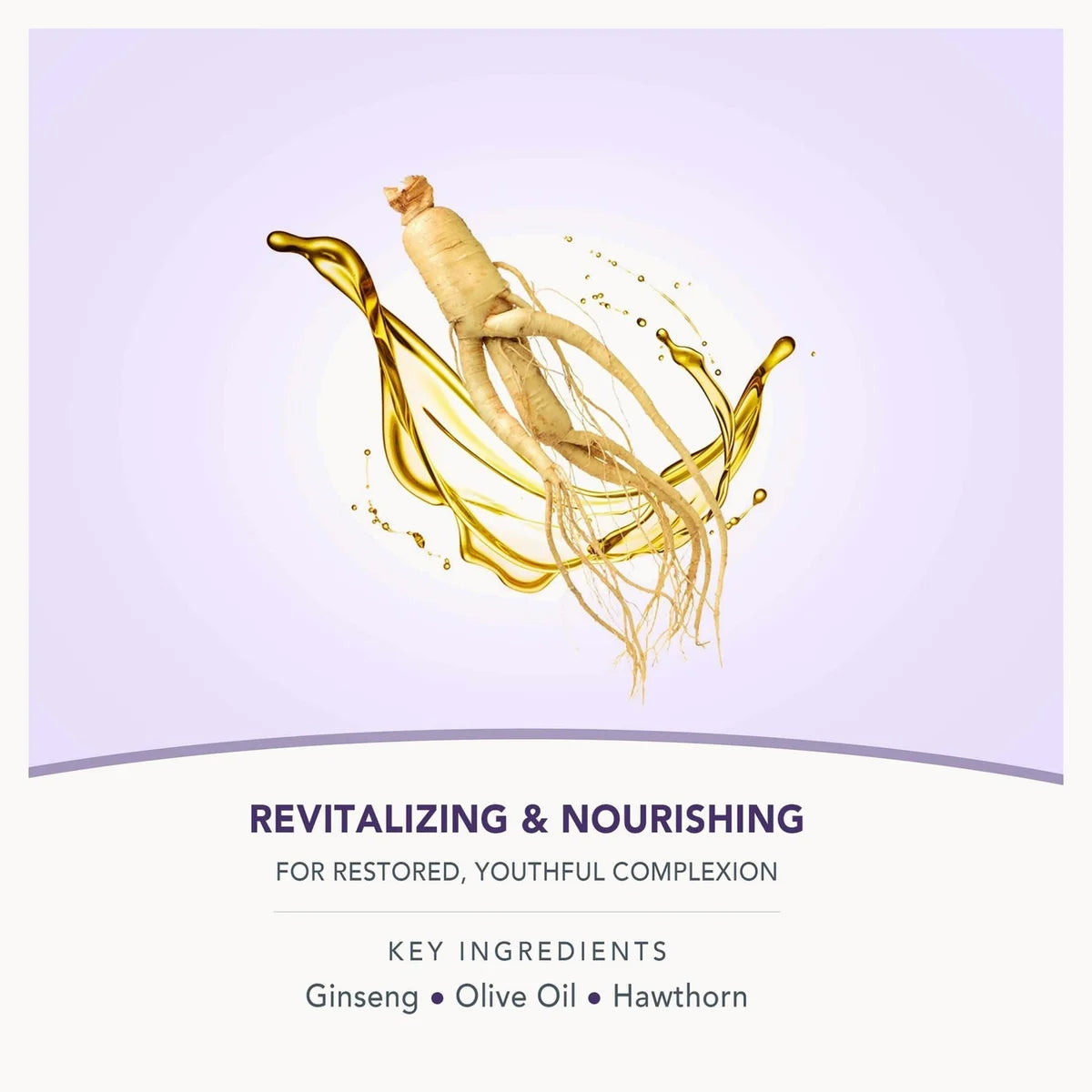 A product graphic card for a skincare or wellness item, featuring a central illustration of a ginseng root surrounded by golden olive oil splashes on a light lavender background. Below the illustration, the text reads 'REVITALIZING & NOURISHING' and lists key ingredients: Ginseng, Olive Oil, and Hawthorn.