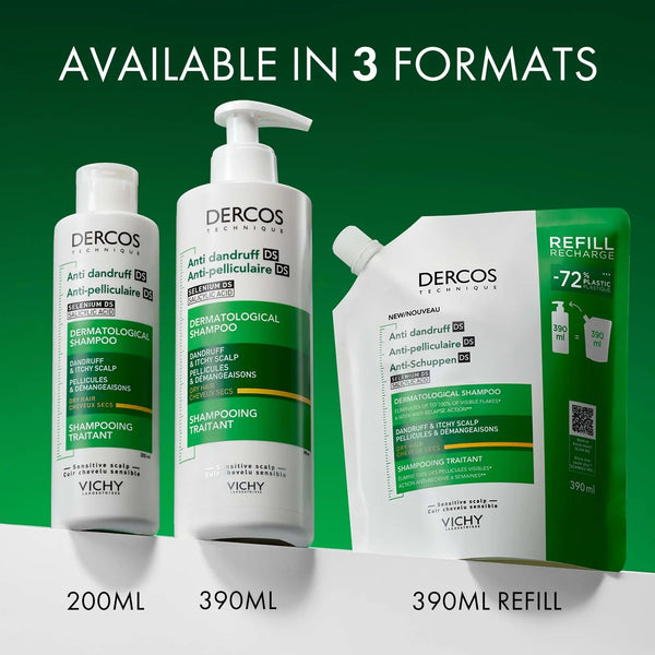 Vichy Dercos Anti-Dandruff Dermatological Shampoo for Dry Hair, 390ml Refill Pouch