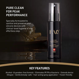 Silicone cleaning spray bottle with text on a dark background