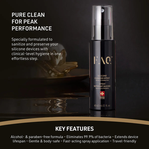 Silicone cleaning spray bottle with text on a dark background