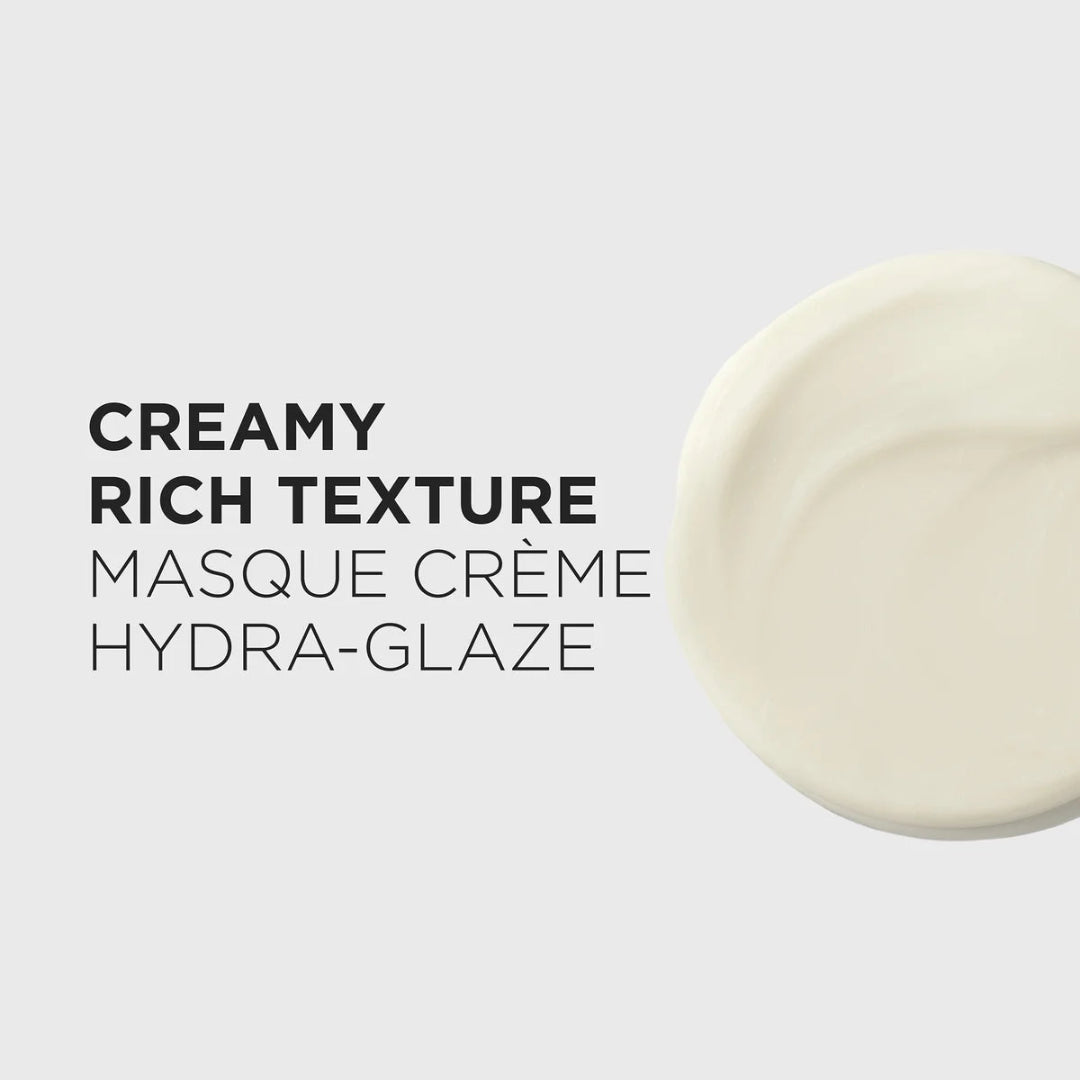 Creamy product with text 'Creamy Rich Texture Masque Cèreme Hydra-Glaze' on a light gray background